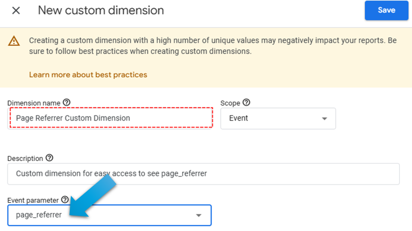 new custom dimension for page referrer